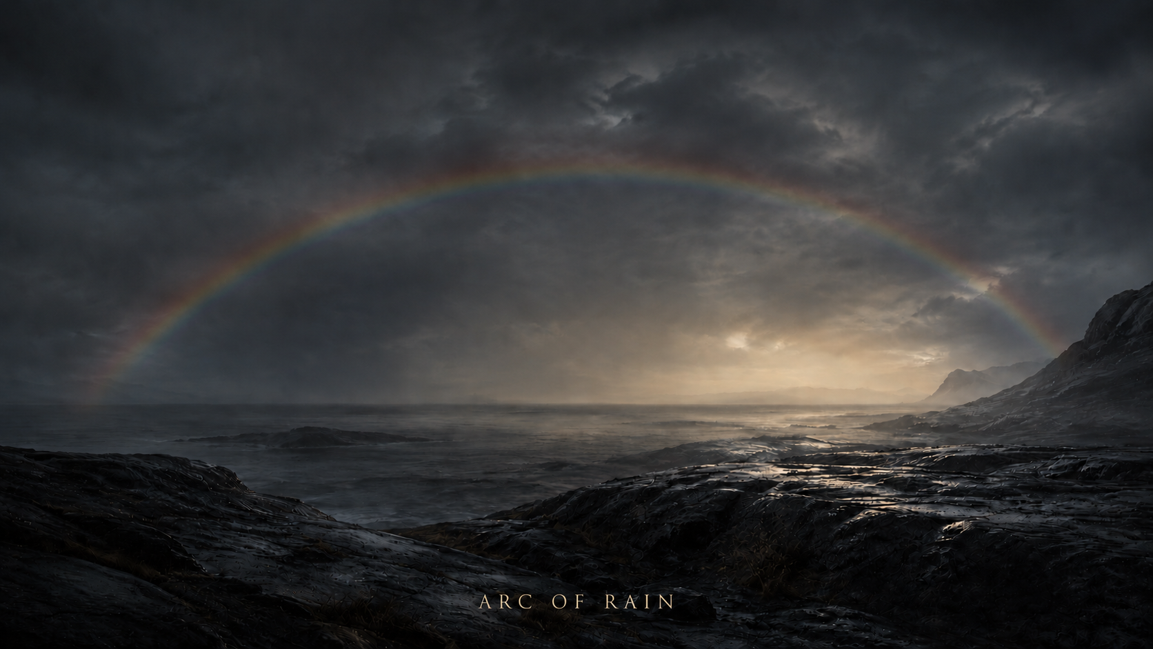 Arc of Rain-bakgrunn med mørk kyst og regnbue